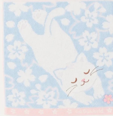 【ねこハンカチ】タオルハンカチ　GUGUWORLD 桜の中のねこ　ブルー　猫柄 ミニタオル