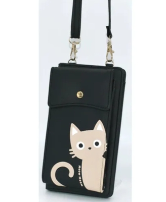【ねこ雑貨 携帯ケース】スマホケース　猫多機能スマホポシェット　ショルダースマホポーチ　ブラック