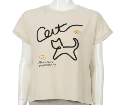【ねこ雑貨 洋服】Tシャツ　Myauris 猫刺繍半袖Ｔシャツ　フリーサイズ　オフホワイト