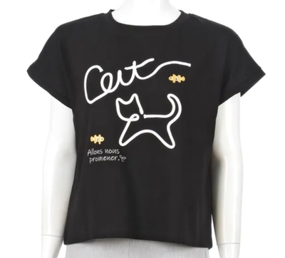 【ねこ雑貨 洋服】Tシャツ　Myauris 猫刺繍半袖Ｔシャツ　フリーサイズ　ブラック