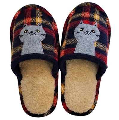 【ねこ雑貨 スリッパ】スリッパ　ねこチェック柄 外縫いスリッパ　猫のアップリケ付き 赤 レッド