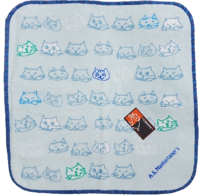 【ねこハンカチ】タオルハンカチ　マンハッタナーズ　猫顔いっぱい　水色　猫柄 ミニタオル