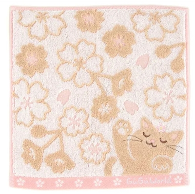 【ねこハンカチ】タオルハンカチ　GUGUWORLD 桜とねこ　ベージュ　猫柄 ミニタオル