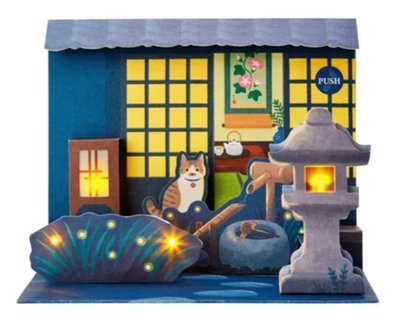 【ねこ雑貨 グリーティングカード】季節のカード 夏　夜の日本庭園と猫　ライト＆サウンド付き 立体メッセージカード　