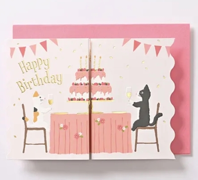 【ねこ雑貨 グリーティングカード】お誕生日祝い　猫たちのパーティー会場 ケーキを飾って ハッピーバースデーカード　Happy Birthdai メッセージカード