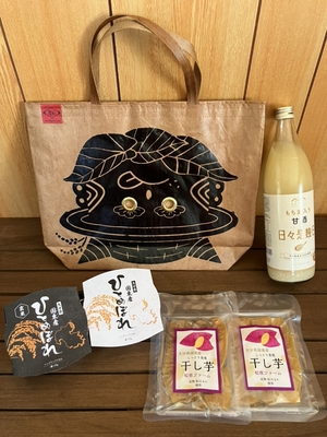 【鬼福ギフトセット　春の特別セット】松原ファーム農産物加工品詰め合わせ　レンジアップごはん２種・干し芋・甘酒（かぶって遊べる米袋トートバッグ付き）