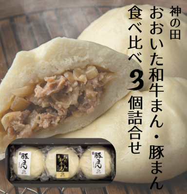 おおいた和牛まん・豚まん食べ比べ3個詰合せ〈神の田の豚まん〉ギフト箱入り