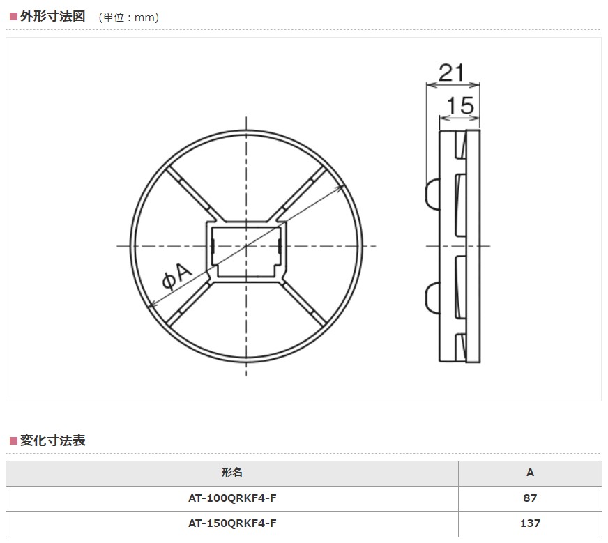 AT-150QRKF4-F】レジスター（角形・プッシュ式風量調節付）交換用