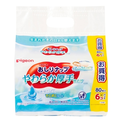 おしりナップ　やわらか厚手仕上げ　80枚&times;6個パック(13.5&times;19㎝)