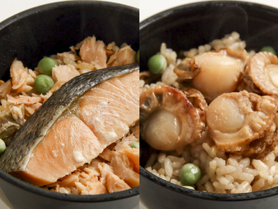 焼き鮭のっけの ほぐし身混ぜごはん・ バター醤油帆立の 炊き込みごはんセット（4食入り）