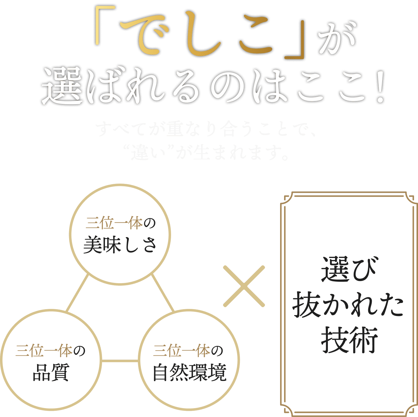 「でしこ」が選ばれるのはここ!すべてが重なり合うことで、“違い”が生まれます。「三位一体の美味しさ」「三位一体の品質」「三位一体の自然環境」X「選び抜かれた技術」