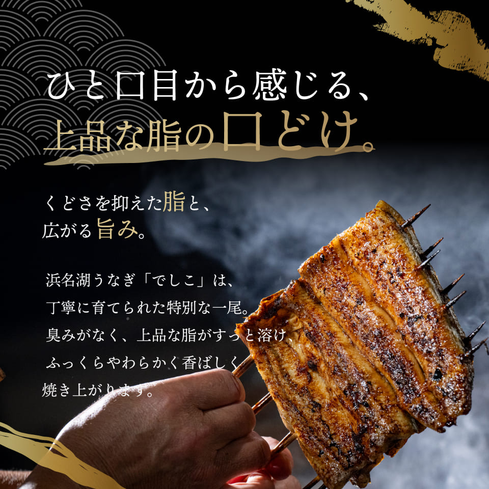 ひと口目から感じる、上品な脂の口どけ。くどさを抑えた脂と、広がる旨み。浜名湖うなぎ「でしこ」は、丁寧に育てられた特別な一尾。臭みがなく、上品な脂がすっと溶け、ふっくらやわらかく香ばしく焼き上がります。