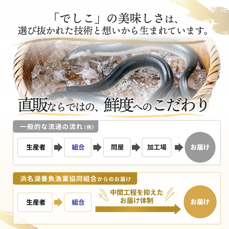 「でしこ」の美味しさは、選び抜かれた技術と想いから生まれています。直販ならではの、鮮度へのこだわり。一般的な流通の流れ（例）生産者→組合→問屋→加工場→お届け。浜名湖養魚漁業協同組合からのお届け：生産者→組合→「中間工程を抑えたお届け体制」お届け