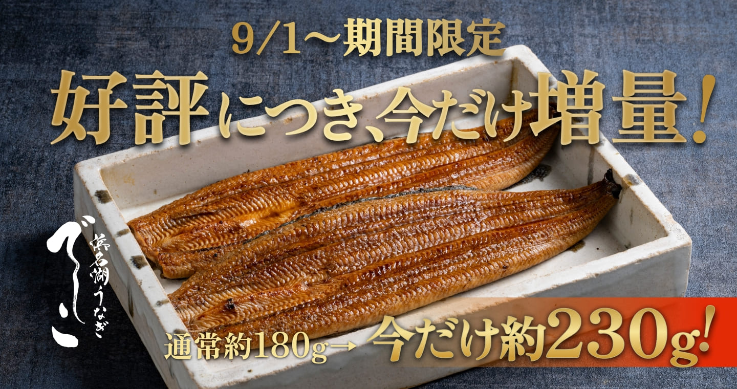 浜名湖うなぎ　でしこ。9/1～期間限定。好評につき、今だけ増量！通常約180g→今だけ約230g！