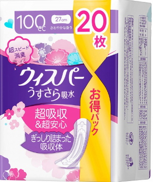 ウィスパー　うすさら吸水　多く安心　１００ＣＣ２０枚