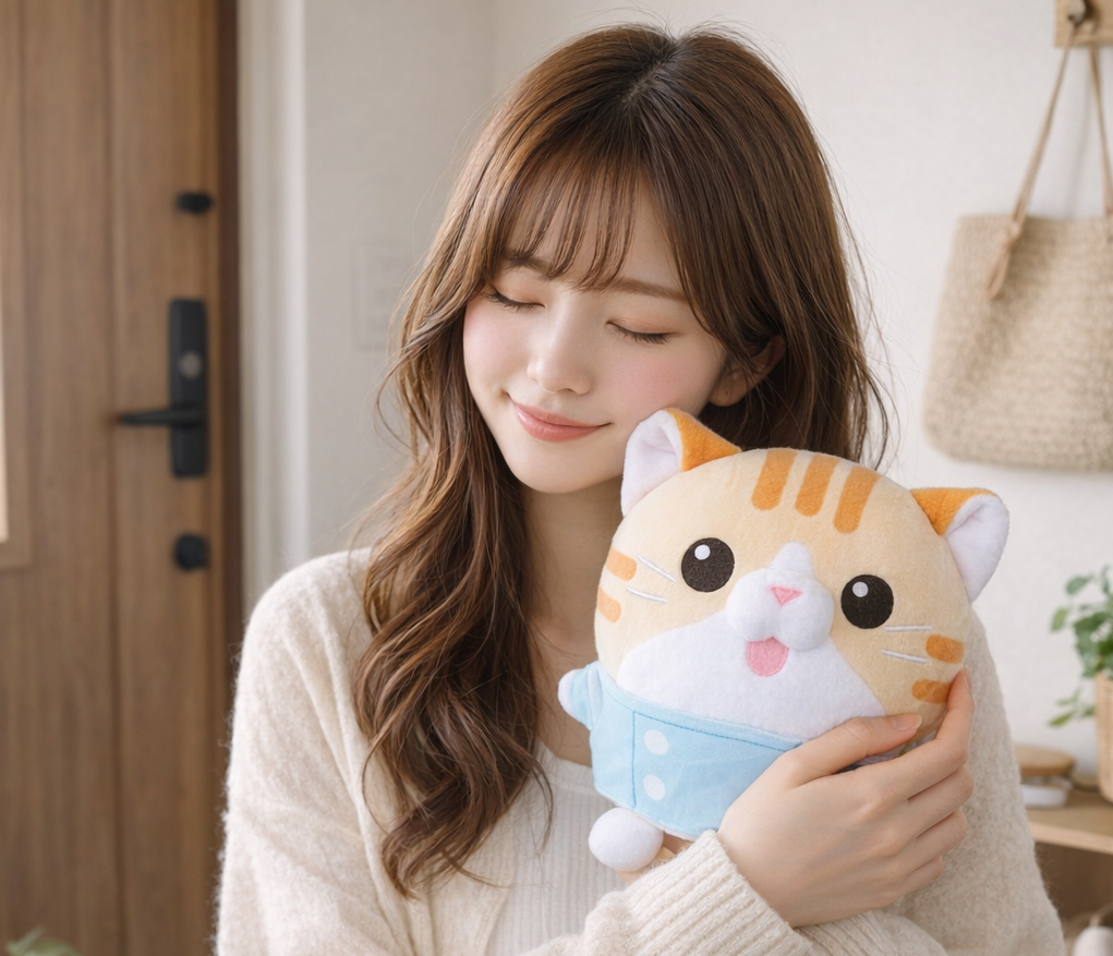 ねこ店長ぬいぐるみ抱きしめ感