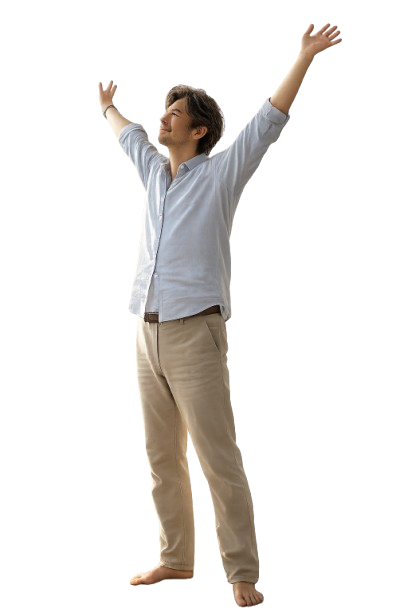 全身で背伸びして開放感のある中年男性のイメージ
