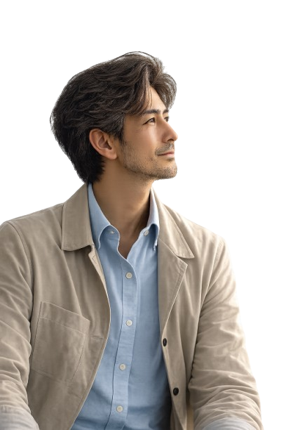 商品を見る方向に視線を向けた中年男性のイメージ