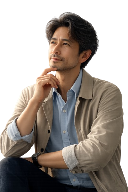 少し考えごとをしている中年男性のイメージ