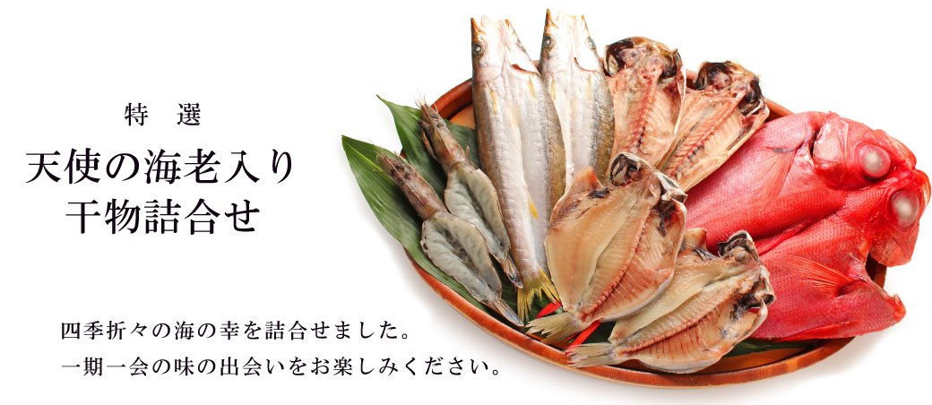 天使の海老入り干物詰合せ、四季折々の海の幸を詰合せました。 一期一会の味の出会いをお楽しみください。