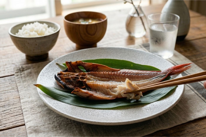 伊東産の新鮮なほうぼう干物。職人仕立ての美しい皮目と引き締まった白身。