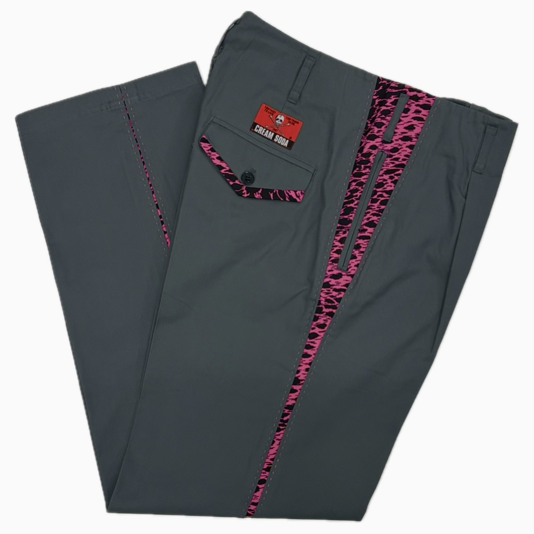 Cream Soda ピンクドラゴン　 ロカビリー　グレーパンツ CS ヒョウ柄V切り替えしコットンパンツGR/PK | ピンクドラゴン