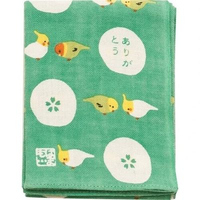 濱文様　ひとことはんかち　ありがとうインコ　エメグリーン