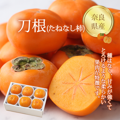 【ネットストア限定】奈良県産 刀根柿(たねなし柿)　6個入（1.2kg）　種はなく、甘みが強くて、とろけるような柔らかい果肉が特徴です。