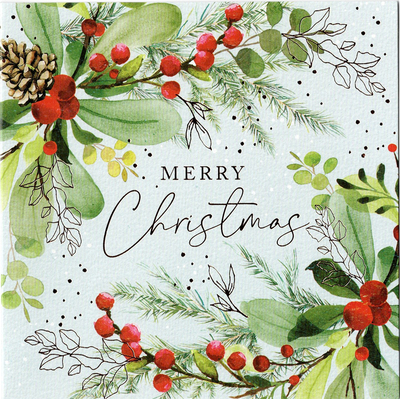 クリスマスグリーティングカード「赤い実と緑のアレンジ」 ／封筒付き（イギリス製）