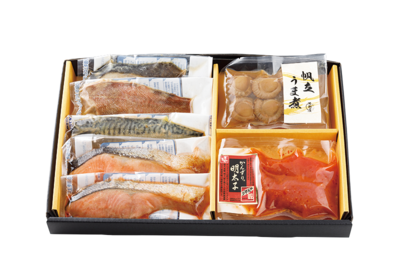 レンジでふっくら焼魚・ほたてうま煮・明太子詰合せ　化粧箱入