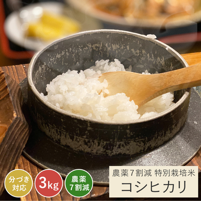 令和6年 農薬7割減 コシヒカリ3kg｜減農薬 特別栽培 静岡県産 こしひかり ※精米の際、内容量がヌカの分だけ目減り致します。(白米で約1割)