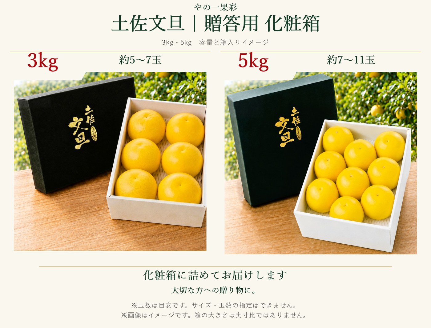 贈答用化粧箱の容量ごとのお届けイメージ。3kg・5kgの化粧箱と玉数の目安