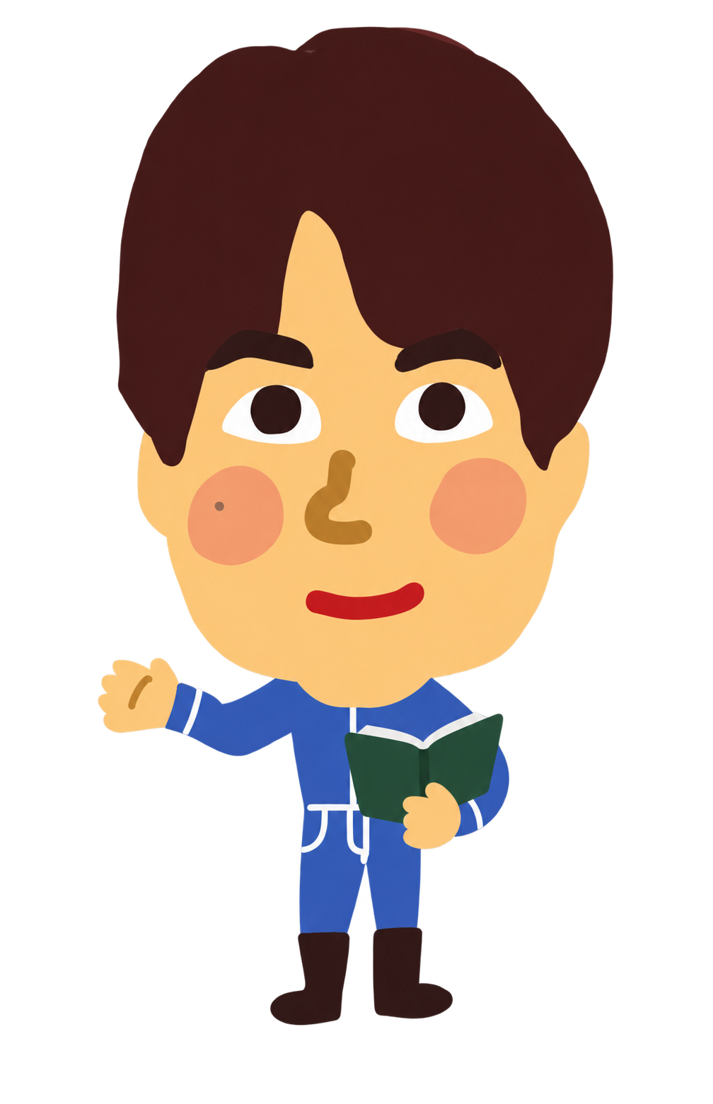 本を持って案内する、やの一果彩の園主キャラクター