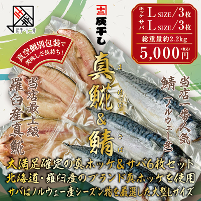 灰干　真ホッケ（羅臼産）Lサイズ３枚・灰干しサバLサイズ３枚　6枚セット