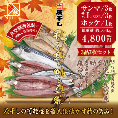 【根室産サンマ 3枚・サバL3枚・羅臼産ホッケ1枚 計7枚セット】灰干し・十二分　