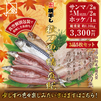 【根室産サンマ 2枚・サバM2枚・羅臼産ホッケ1枚 計5枚セット】灰干し・十二分　