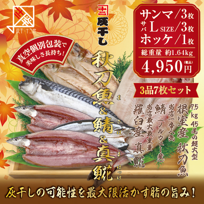 【根室産サンマ 3枚・サバL3枚・羅臼産ホッケ1枚 計7枚セット】灰干し・十二分　
