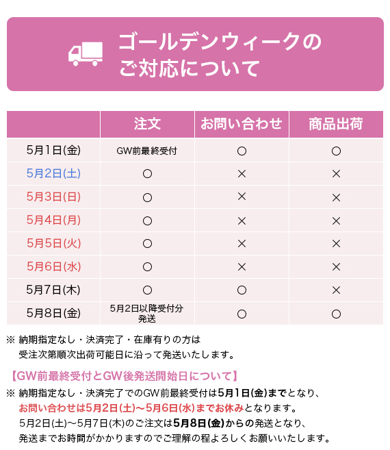 ゴールデンウィークのご対応について