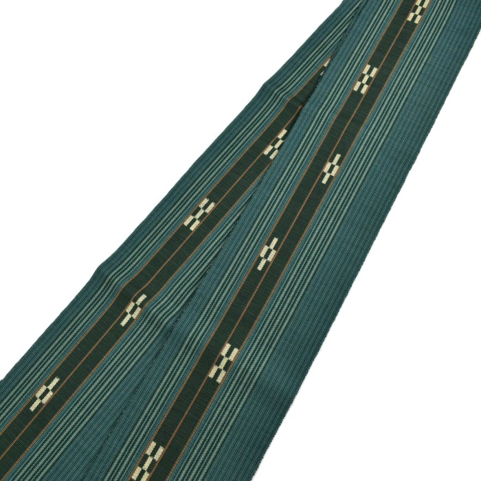 ミンサー織　青緑色 半幅帯 沖縄 伝統的工芸品 八重山ミンサー 木綿 半幅帯 沖縄 青×緑