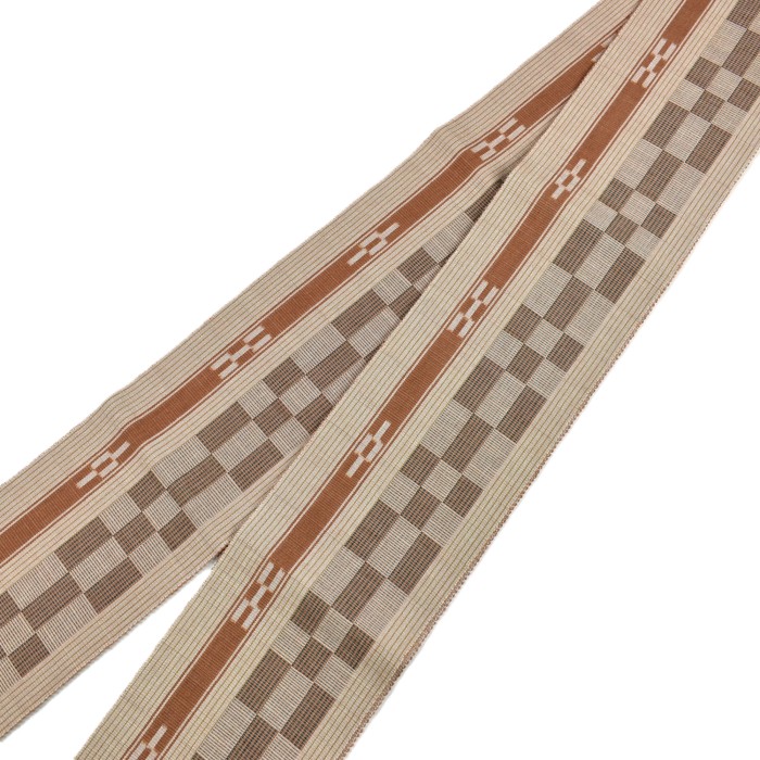 八重山ミンサー 半幅帯 茶色 市松 草木染｜石垣市織物事業協同組合