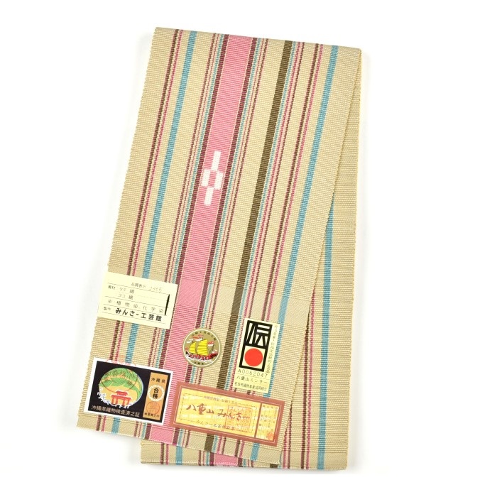 八重山ミンサー 半幅帯 ベージュヤタラ縞｜みんさー工芸館