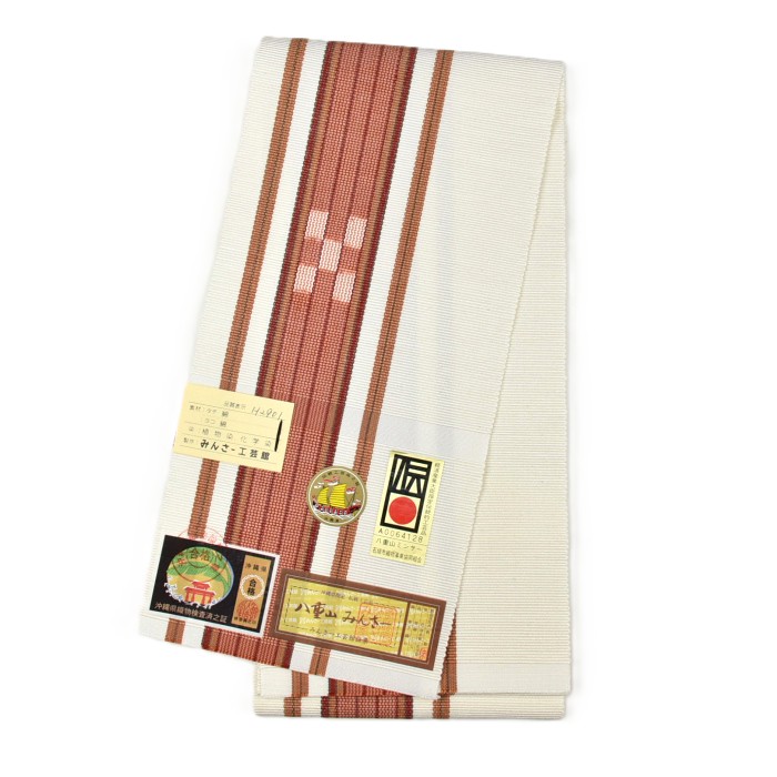 八重山ミンサー 半幅帯 白地の薄紅｜みんさー工芸館 | hanaito