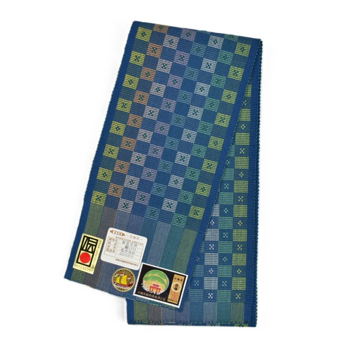 首里花織 首里織 半幅帯 藍 紫 緑 市松｜那覇伝統織物事業協同組合