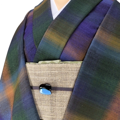 郡上紬 着尺 鼡茶紫ぼかし格子 緑 茶 藍