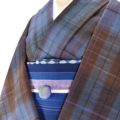 郡上紬 着尺 鼡茶縞地紫絣文様 藍 茶 紫