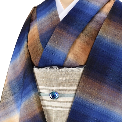郡上紬 着尺 中青ぼかし格子文様 藍 茶 濃淡