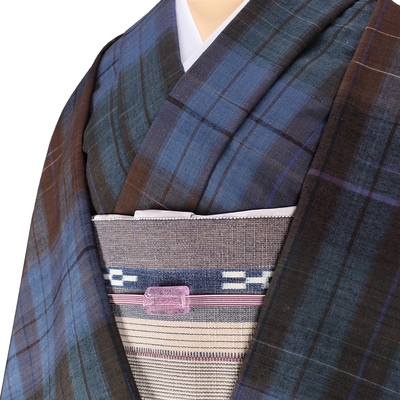 郡上紬 着尺 鼡茶縞地紫絣文様 青 茶 紫 緑