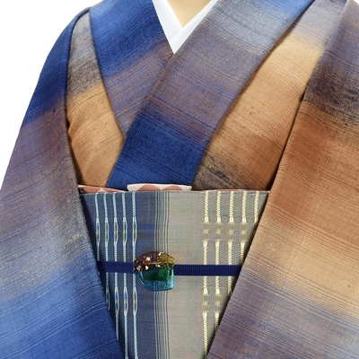 郡上紬 着尺 中青ぼかし格子文様 藍 茶