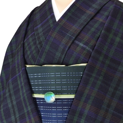 郡上紬 着尺 格子柄 藍 緑 紫