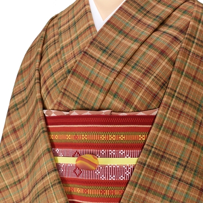 郡上紬 着尺 細格子 茶 緑 赤